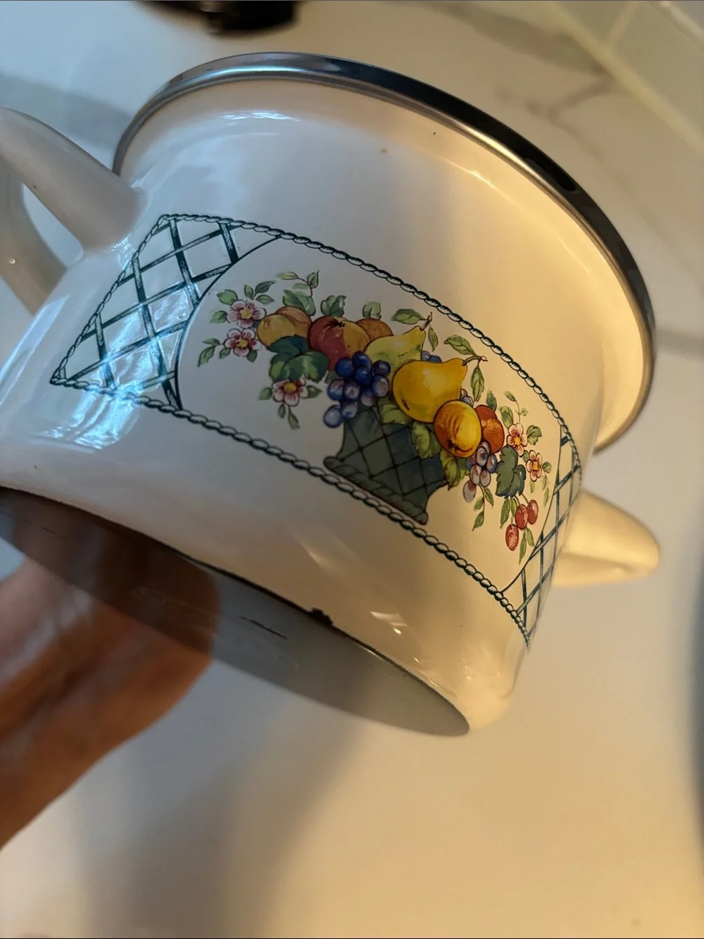 Vintage Villery & Boch basket enamel pot with lid, Germany